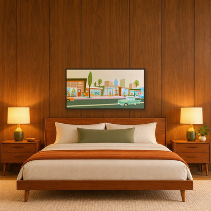 Retro Shops Along a Pink Sidewalk mid-century modern wall art in a bedroom