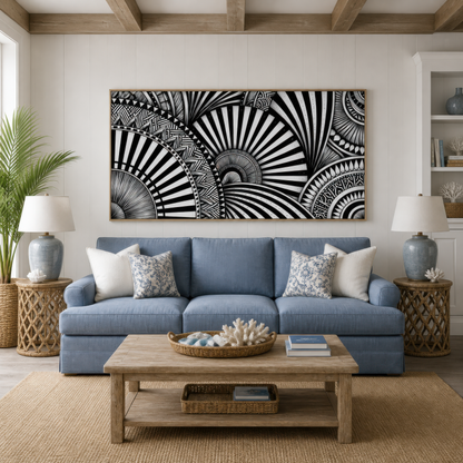 Onyx fan above a blue sofa with patterned pillows and woven table lamps