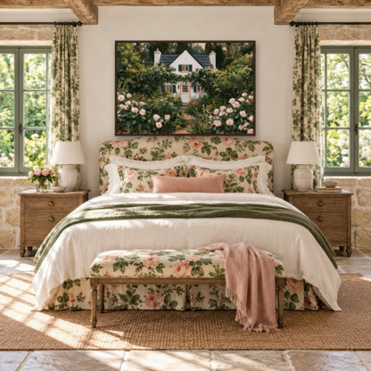Rambling Rose Cottage cottagecore wall art in a bedroom