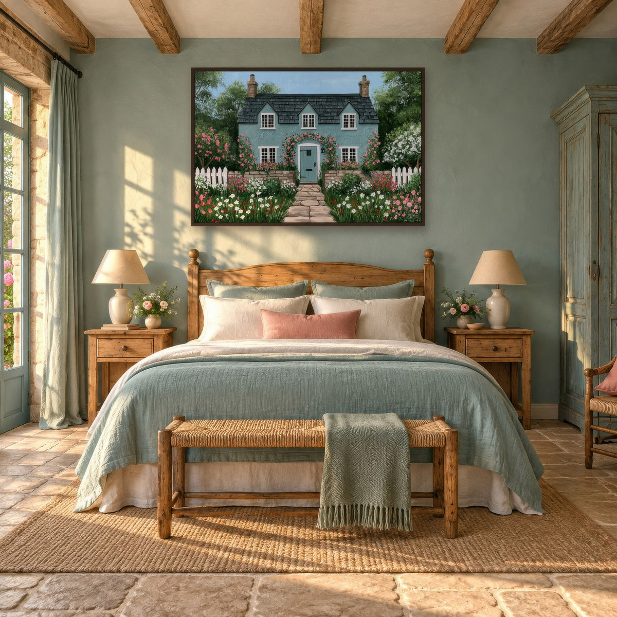 Rose Arch Cottage cottagecore wall art in a bedroom
