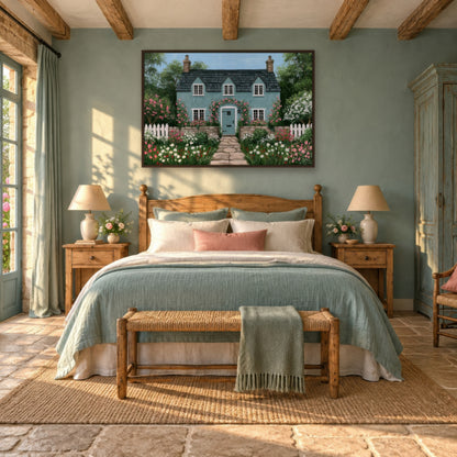 Rose Arch Cottage cottagecore wall art in a bedroom