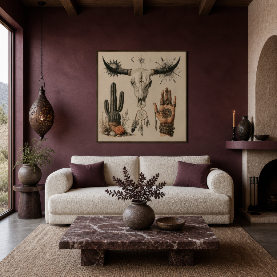 Bull Skull and Desert Talisman Collage – Boho Wall Art