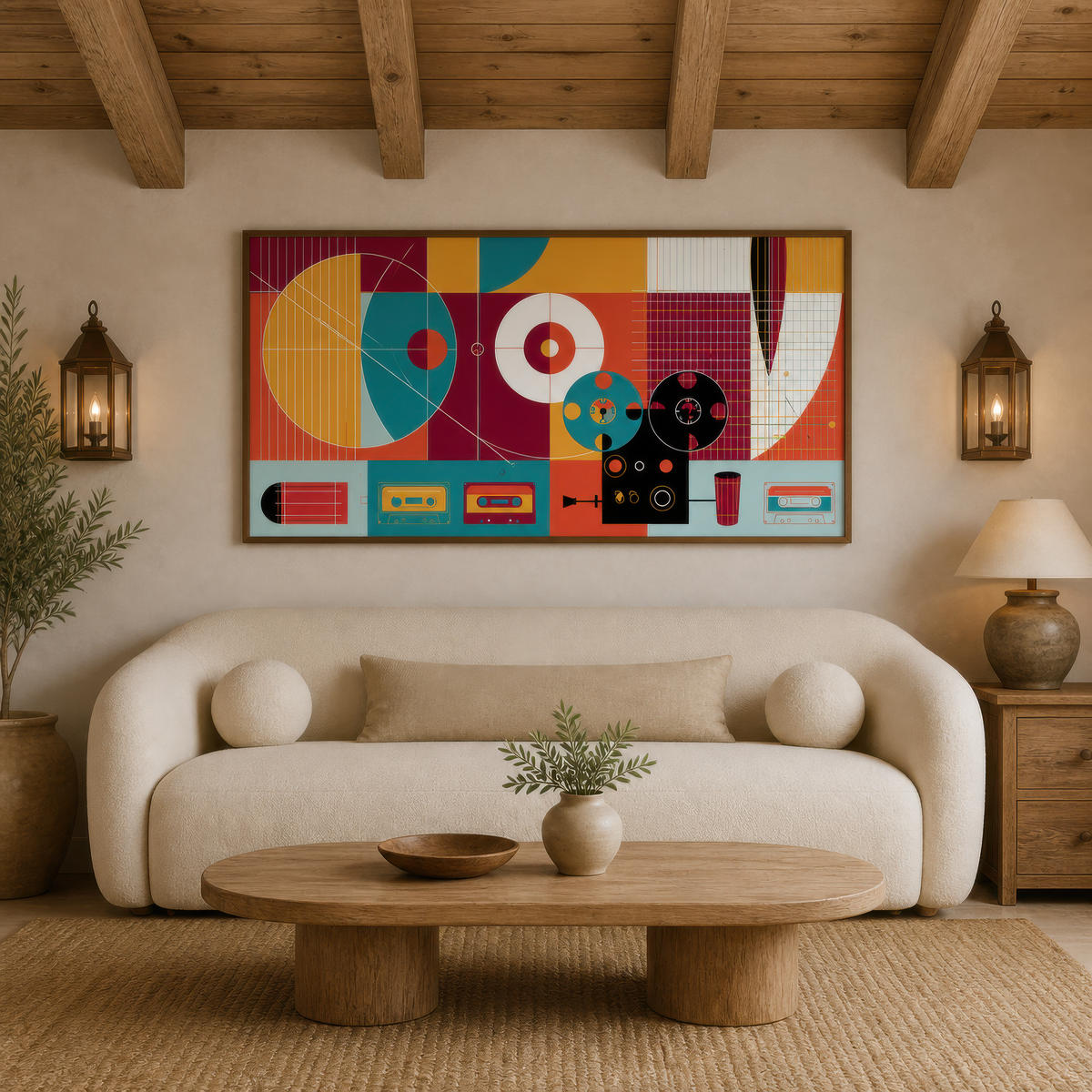 Geometric Retro Tape Deck Abstract wall art print staged in a room