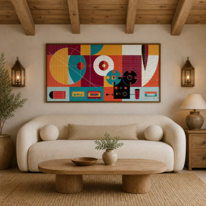 Geometric Retro Tape Deck Abstract wall art print staged in a room