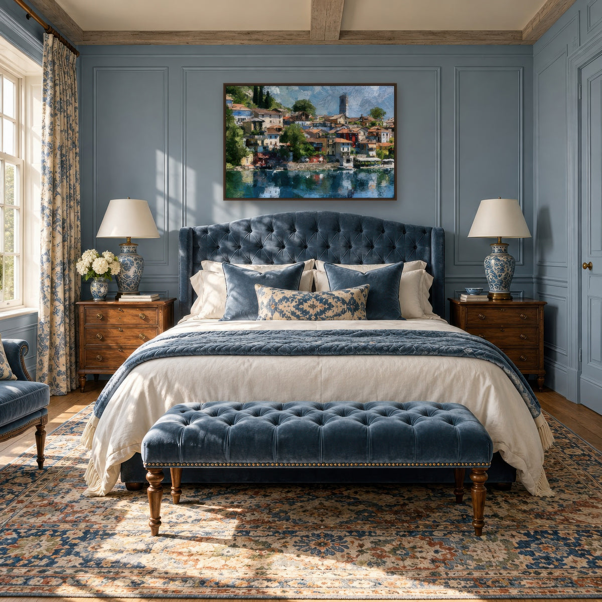 Lakeside Village with Bell Tower impressionist wall art in a bedroom