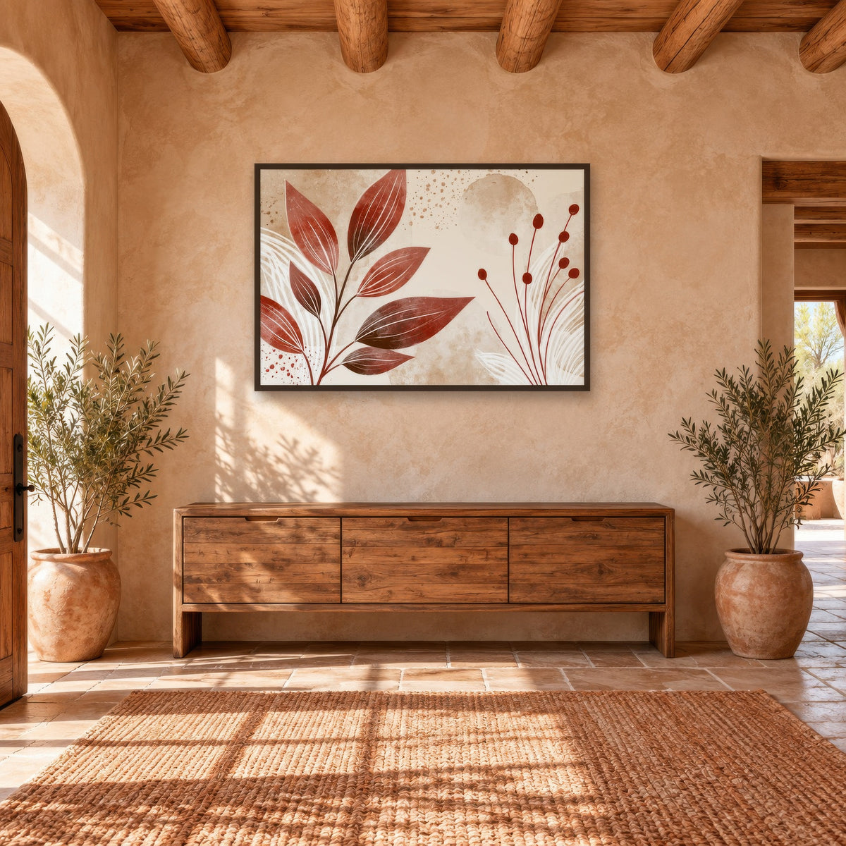 Terracotta Leaves and Berries boho wall art in an entryway