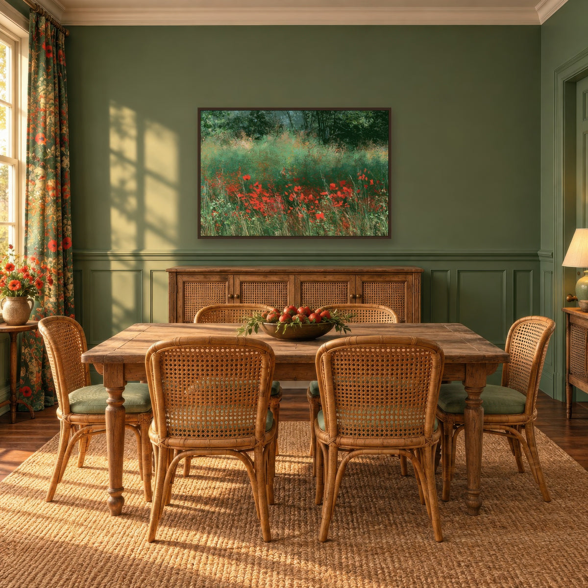 Wild Poppy Meadow impressionist wall art in a dining room