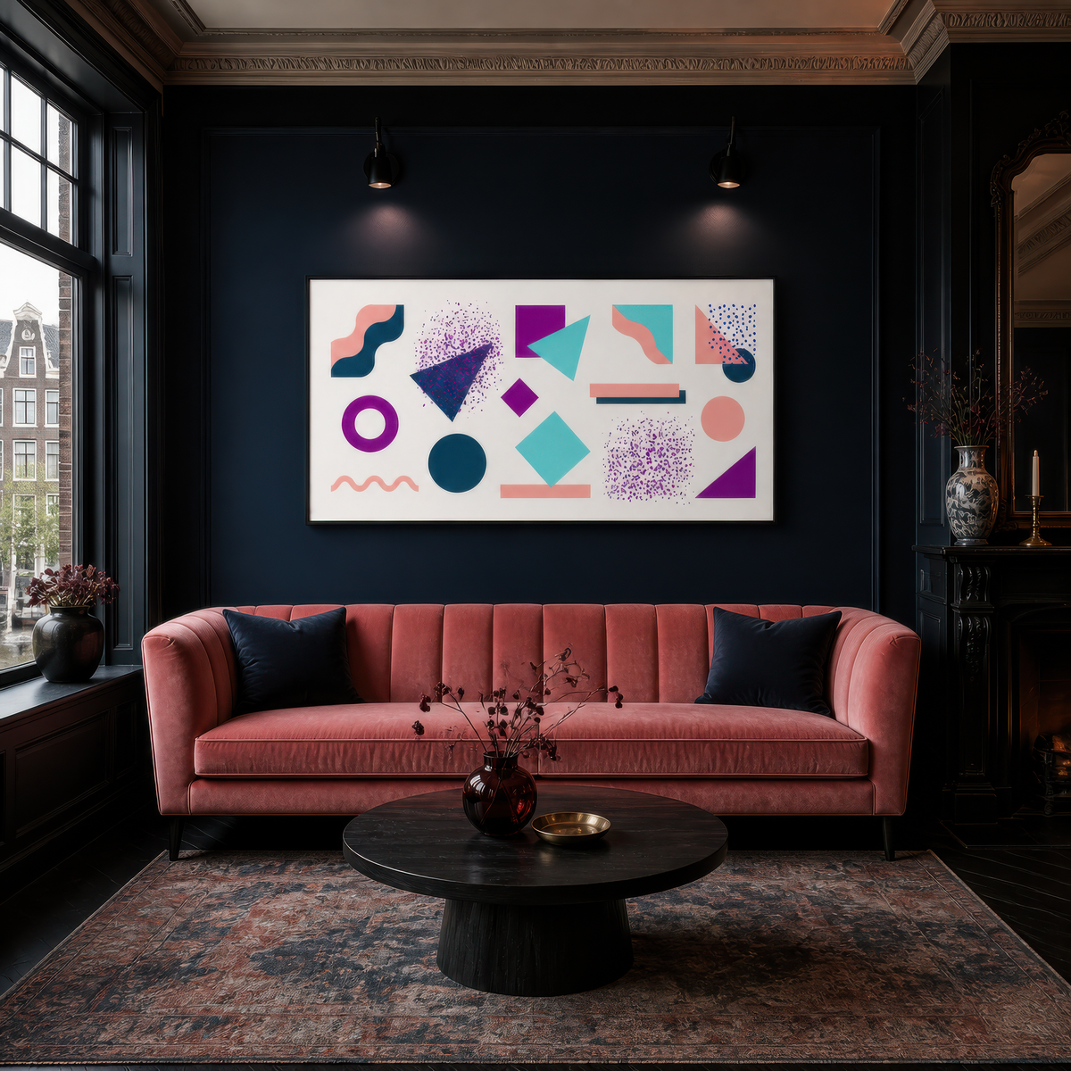 Wide purple and teal Memphis-style abstract artwork above a coral velvet sofa on a navy wall