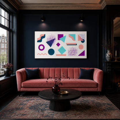 Wide purple and teal Memphis-style abstract artwork above a coral velvet sofa on a navy wall