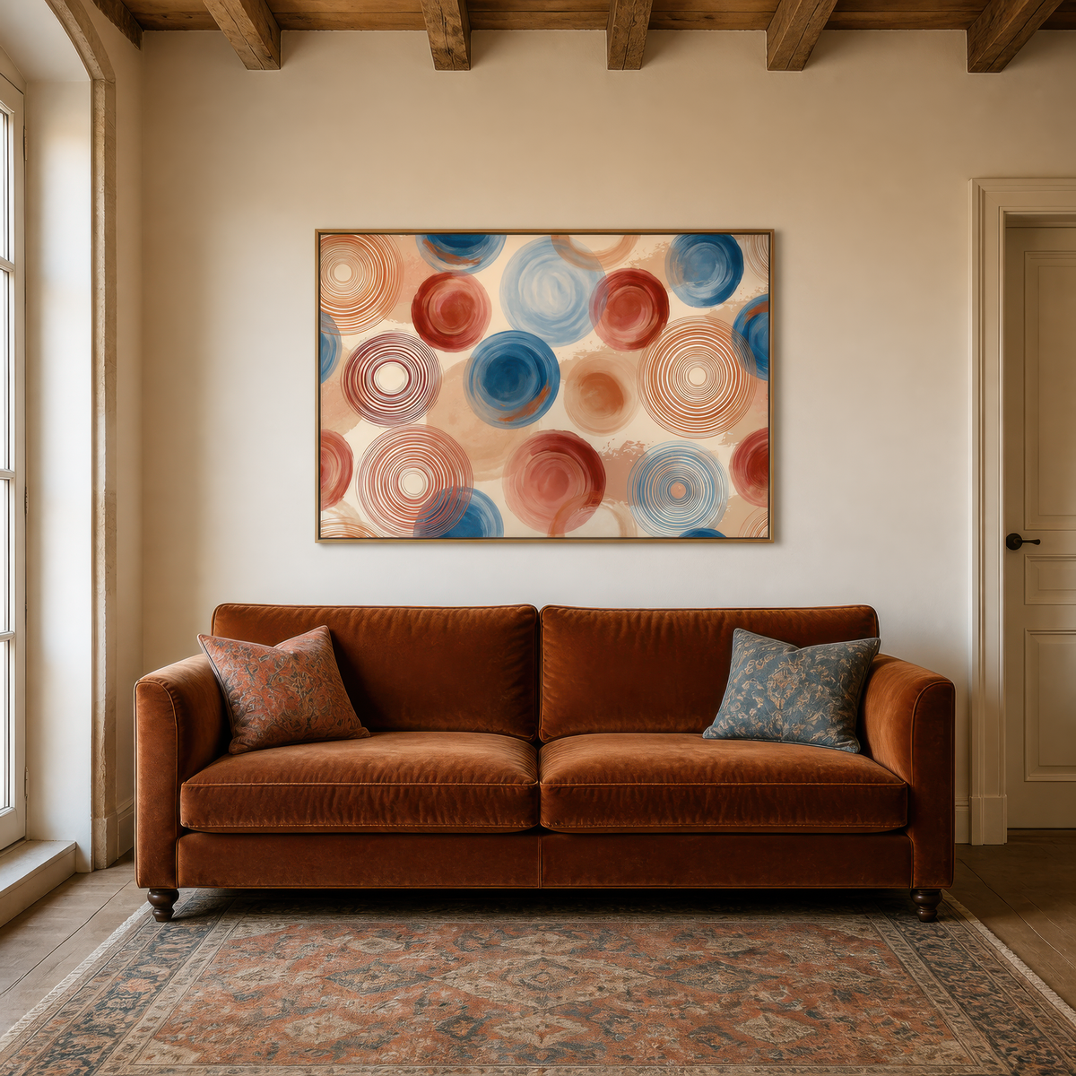 Spiralling circles artwork above a rust leather sofa in a white plaster room with beams