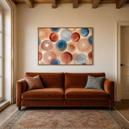 Spiralling circles artwork above a rust leather sofa in a white plaster room with beams