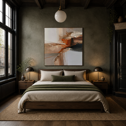 Square rust and slate abstract artwork above a bed on a dark gray-green wall