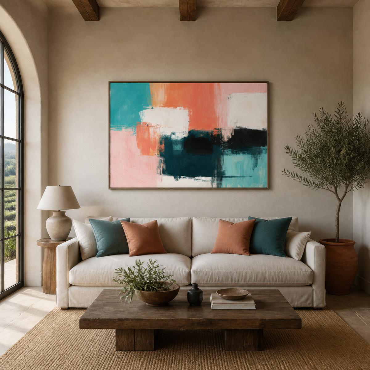 Large teal, coral and blush pink abstract artwork above a cream sofa with teal and coral pillows in an arched living room