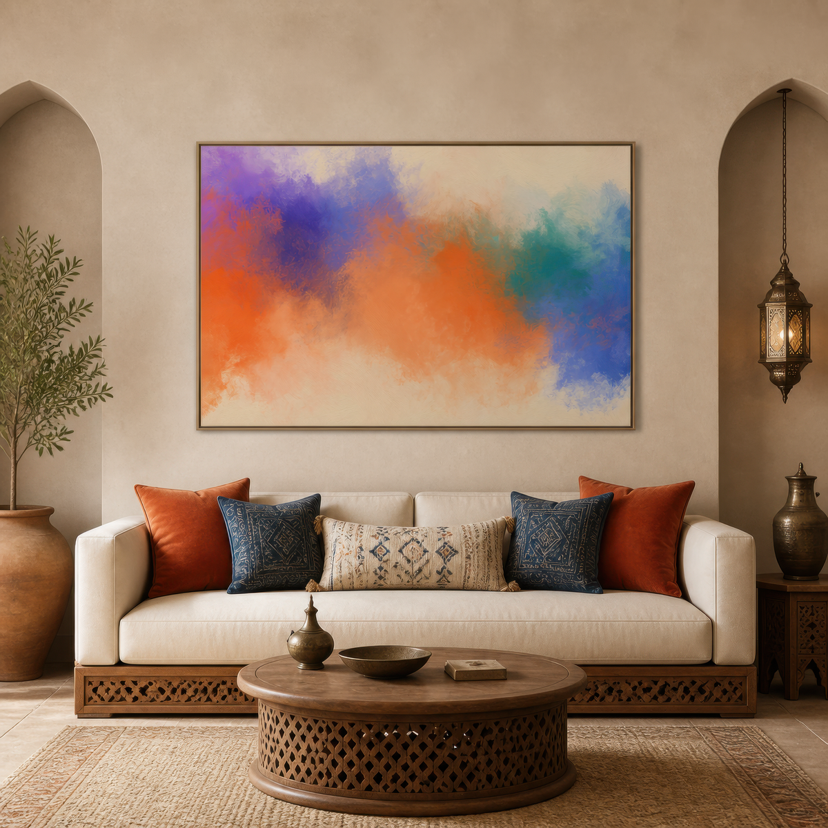 Large soft orange, violet and teal abstract artwork above a cream sofa with orange and navy pillows in an arched living room
