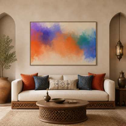 Large soft orange, violet and teal abstract artwork above a cream sofa with orange and navy pillows in an arched living room