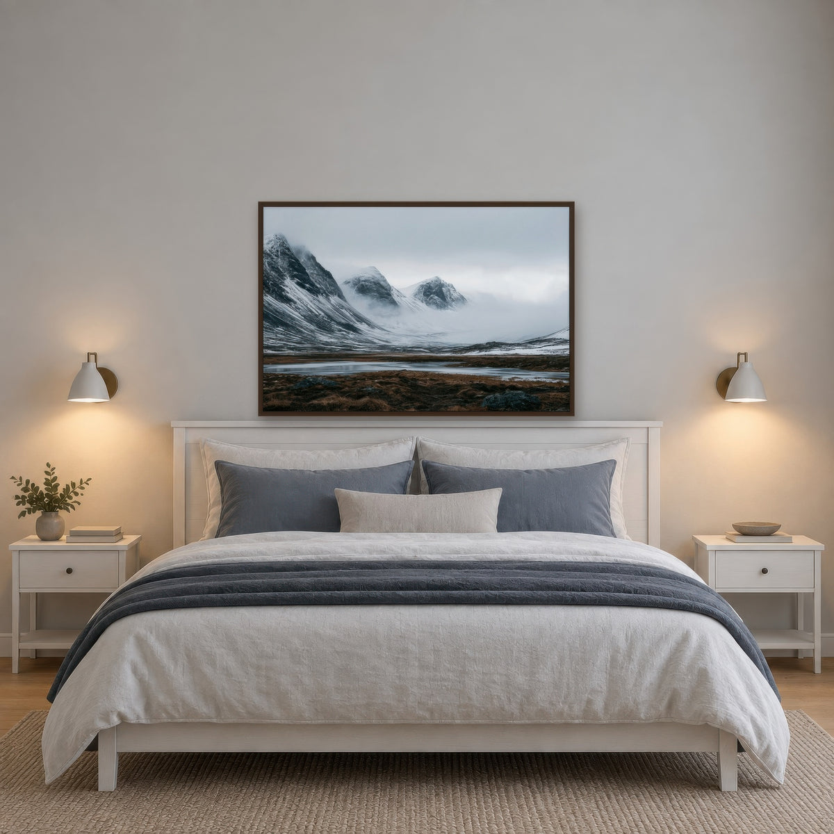 Foggy Snow-Covered Mountain Valley scandinavian wall art in a bedroom