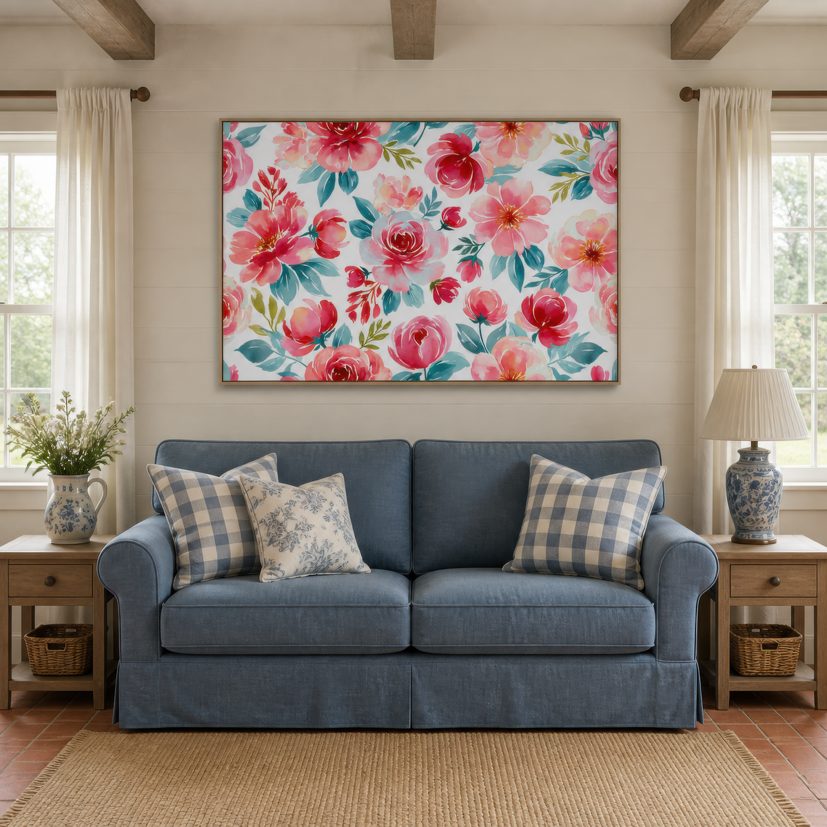 Pink and Teal Floral Pattern wall art print staged in a room