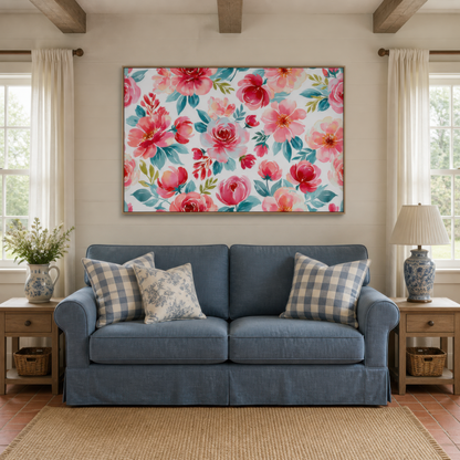 Pink and Teal Floral Pattern wall art print staged in a room