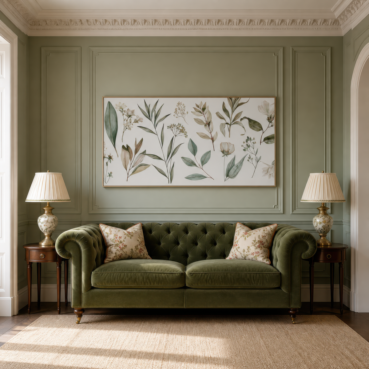 Dried Olive and Tan Leaf Sprigs wall art print staged in a room