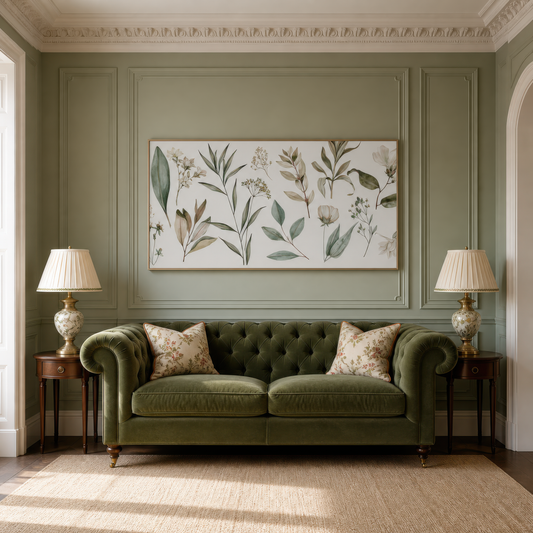 Dried Olive and Tan Leaf Sprigs wall art print staged in a room