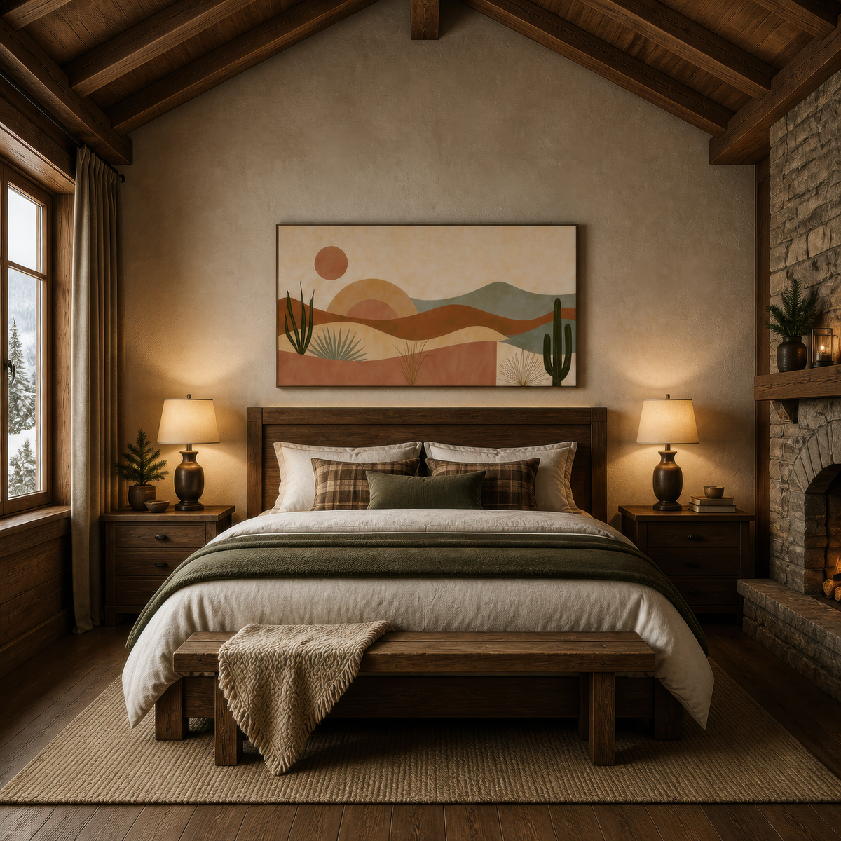 Desert sunrise with cacti above a dark wood bed with green bedding and two lamps