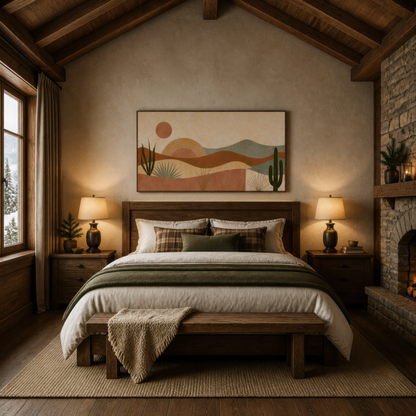 Desert sunrise with cacti above a dark wood bed with green bedding and two lamps