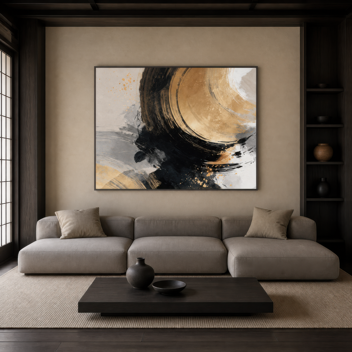 Gold and black ensō abstract above a grey sofa with a black low coffee table