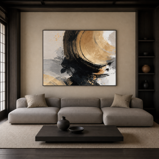 Gold and black ensō abstract above a grey sofa with a black low coffee table