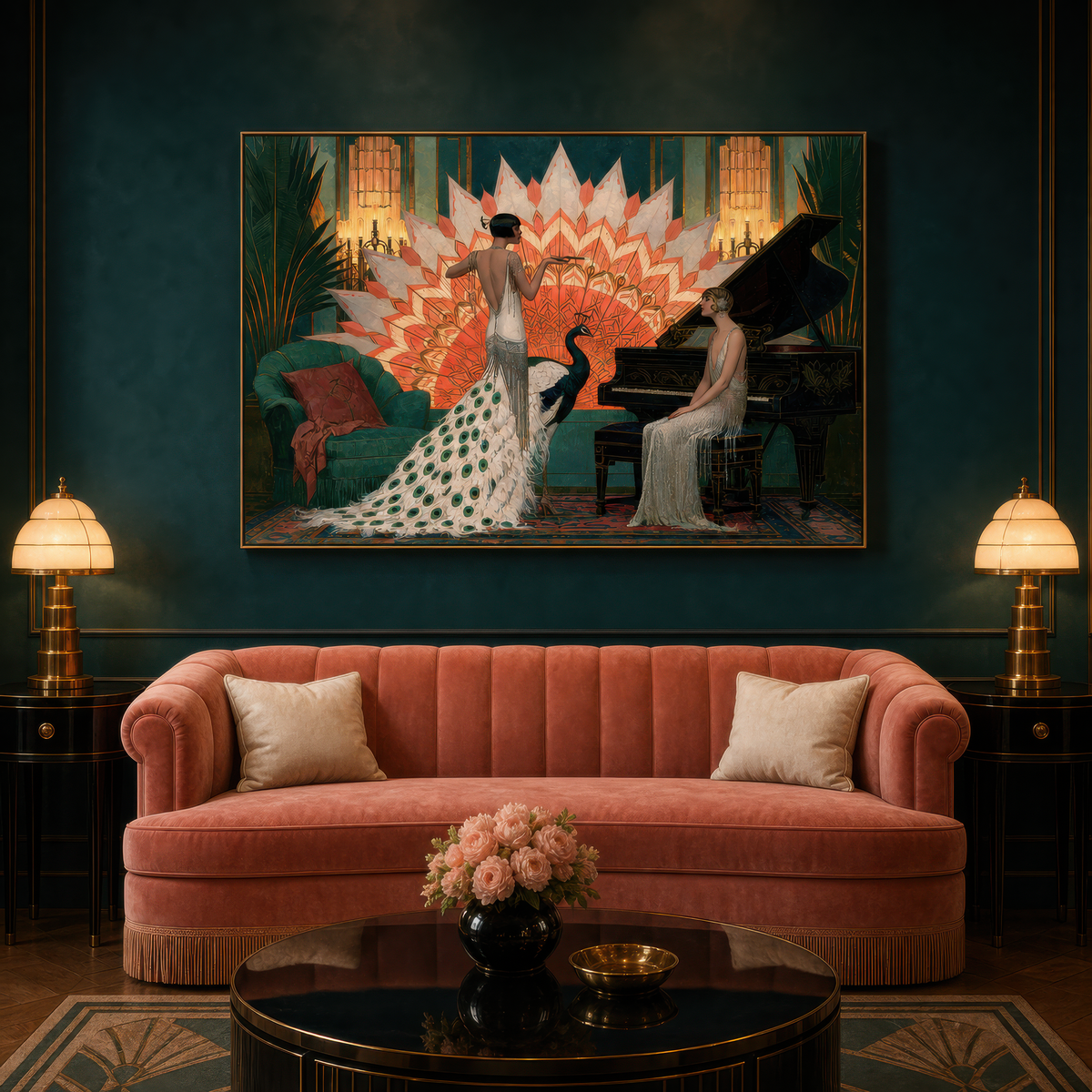 Peacock plume flapper above a coral curved velvet sofa on a dark teal wall with brass lamps