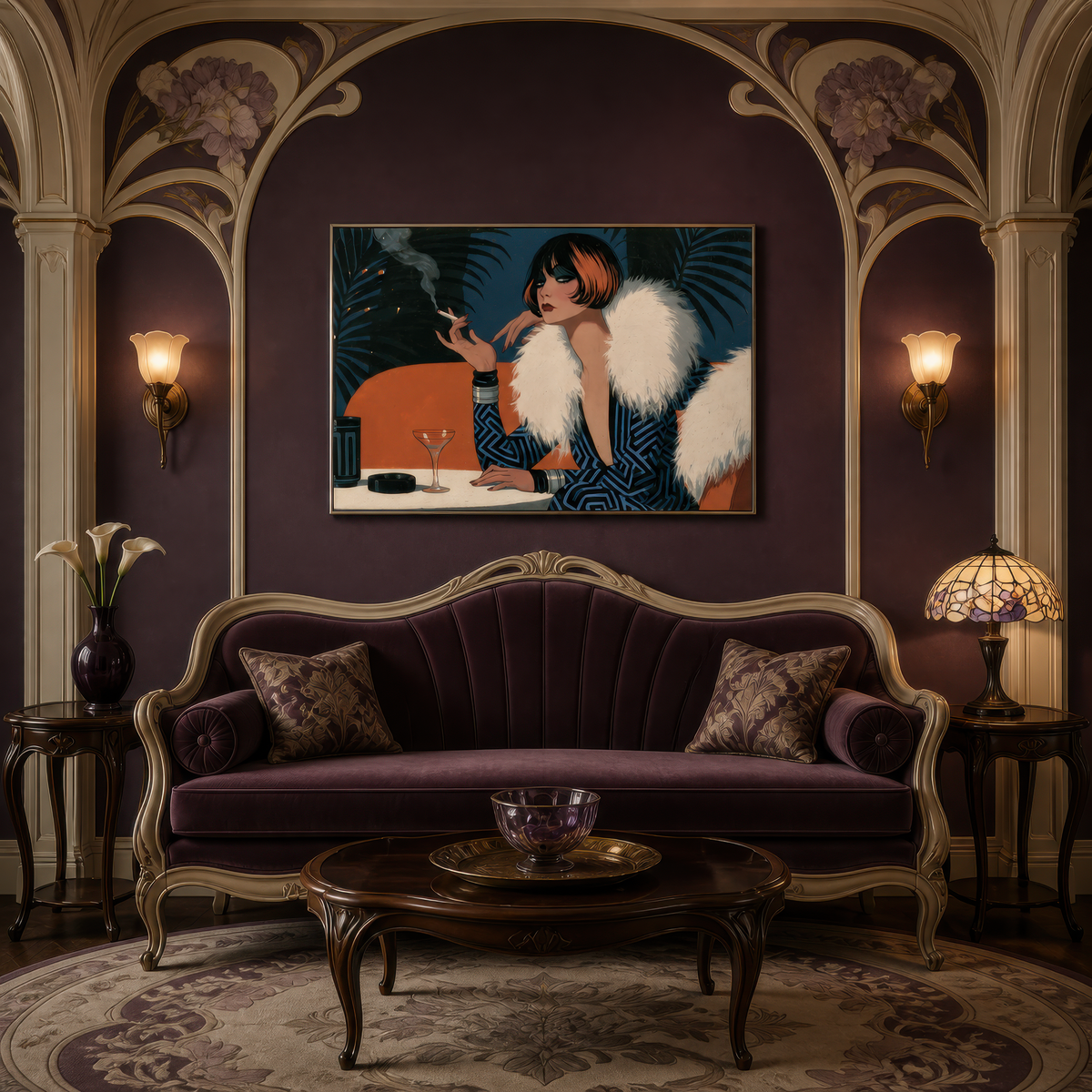 Smoking flapper portrait above a purple carved Victorian sofa on a plum arched wall