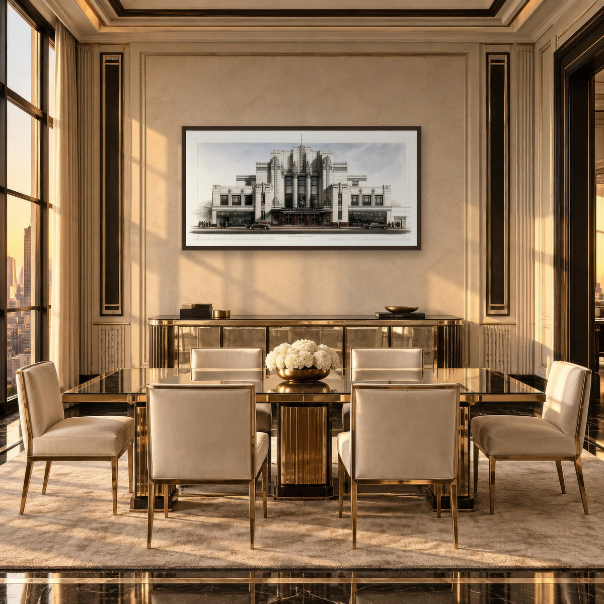 Vintage Deco Theater art deco wall art in a dining room