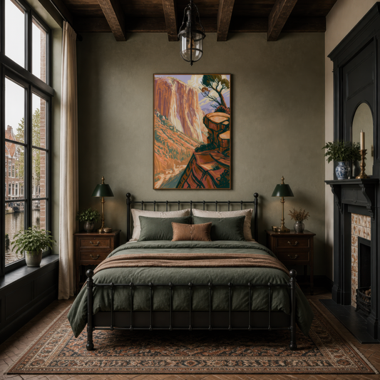 Red rock canyon poster above a dark green bed with a fireplace and tall black windows