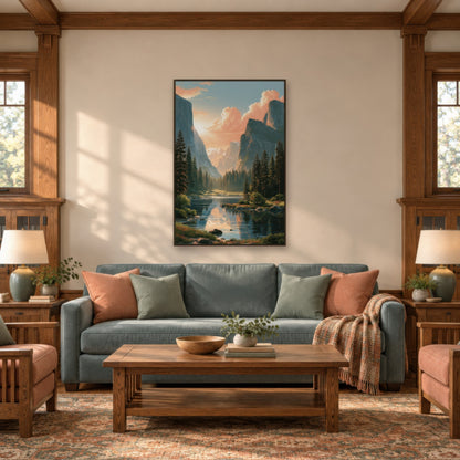 Yosemite Valley at Sunrise national park wall art in a living room