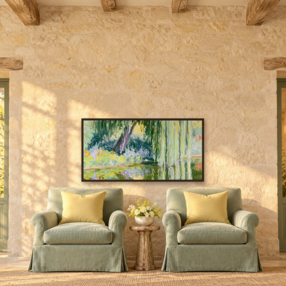 Sunlit Willow over a Garden Pond impressionist wall art in a den