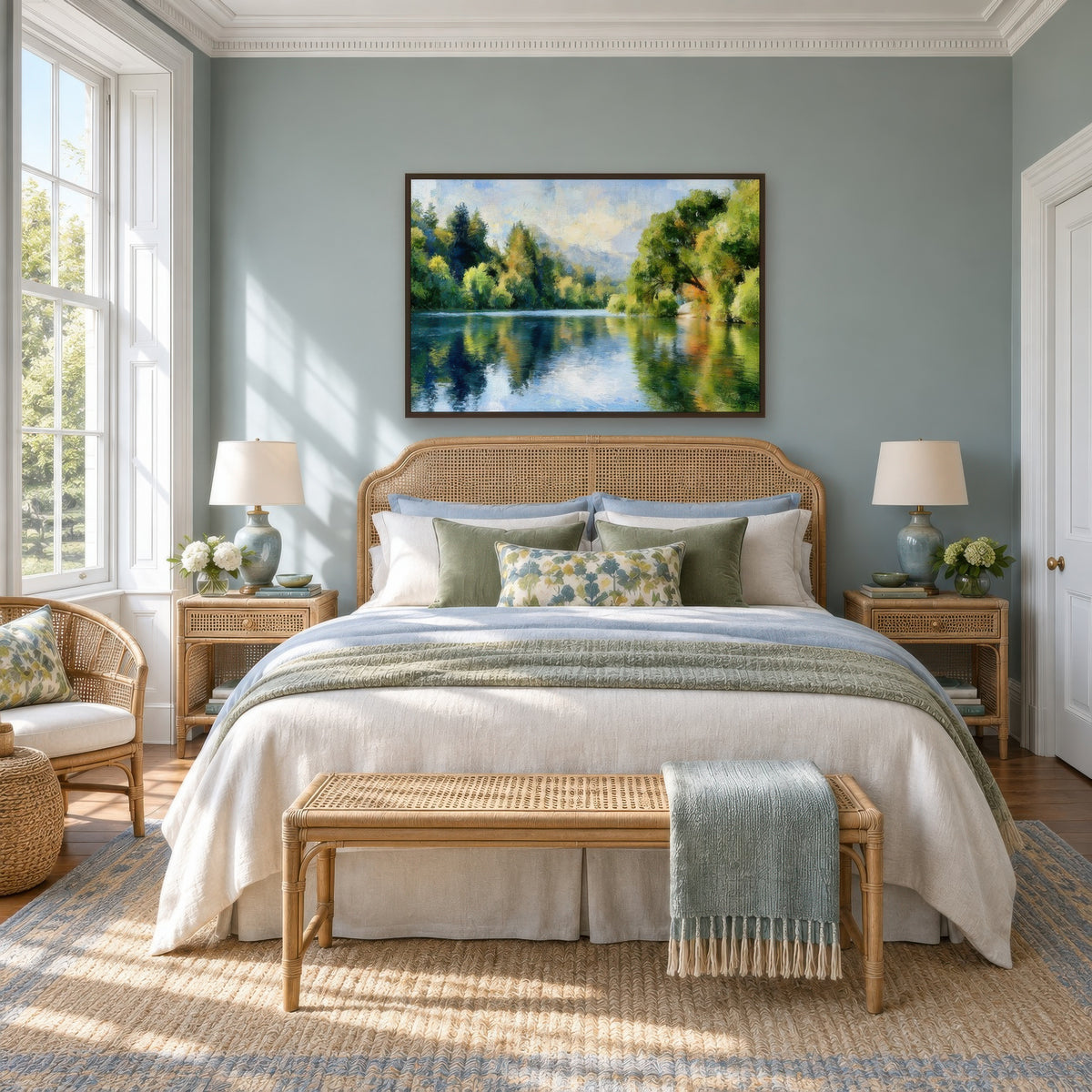 Quiet Lake Reflection impressionist wall art in a bedroom