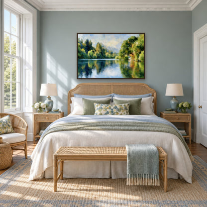 Quiet Lake Reflection impressionist wall art in a bedroom