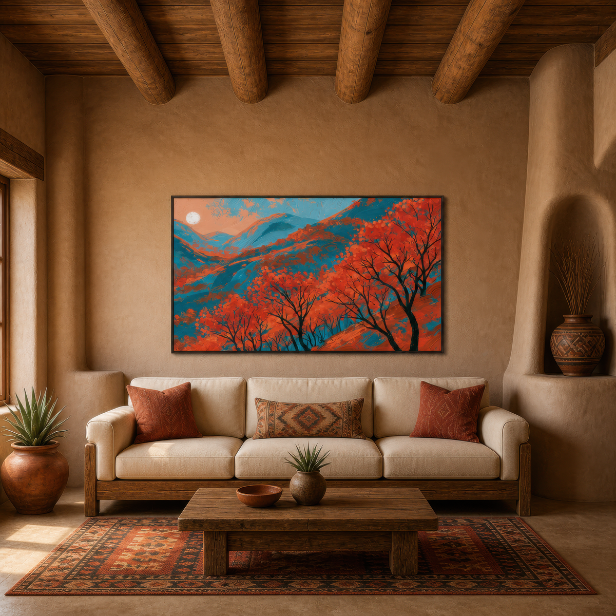 Autumn mountain twilight above a cream sofa with rust pillows under wood beams and a rug