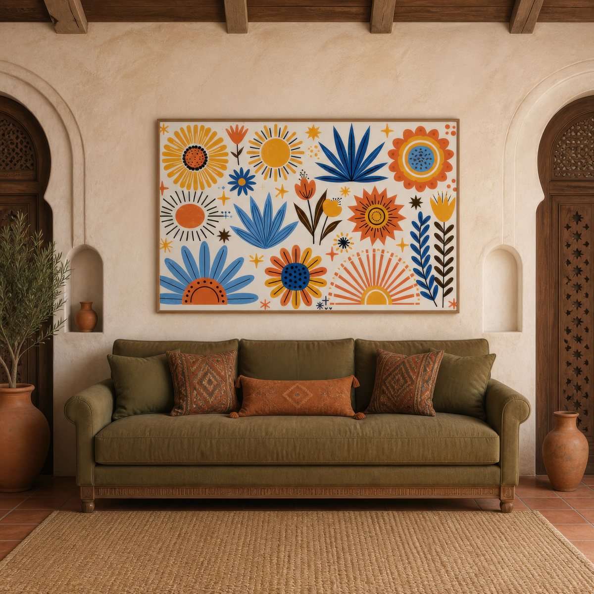 Folk sunburst garden artwork above an olive sofa in a plaster room with carved arched niches