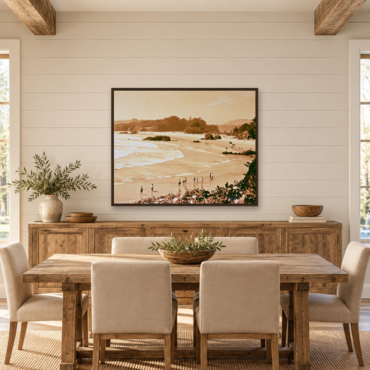 Vintage Style Coastal Cove in Sepia landscape wall art in a dining room