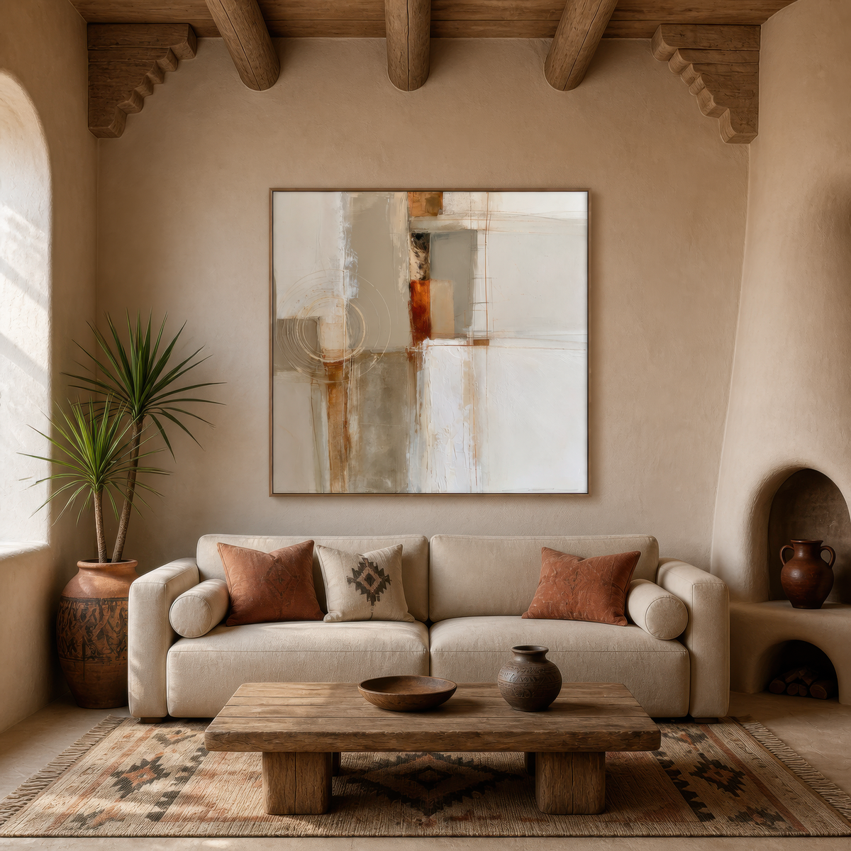 Square russet and cream abstract artwork above a cream sofa in an adobe living room