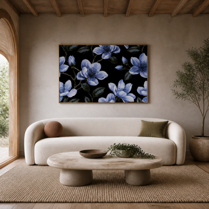 Periwinkle Blossom Pattern on Black wall art print, alternate room view