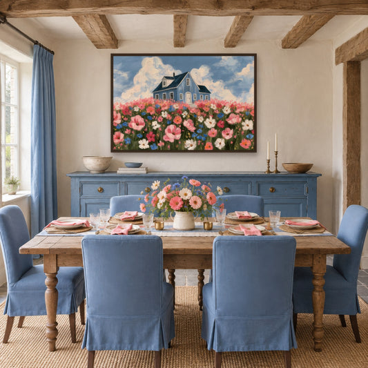 Cosmos Field Cottage cottagecore wall art in a dining room