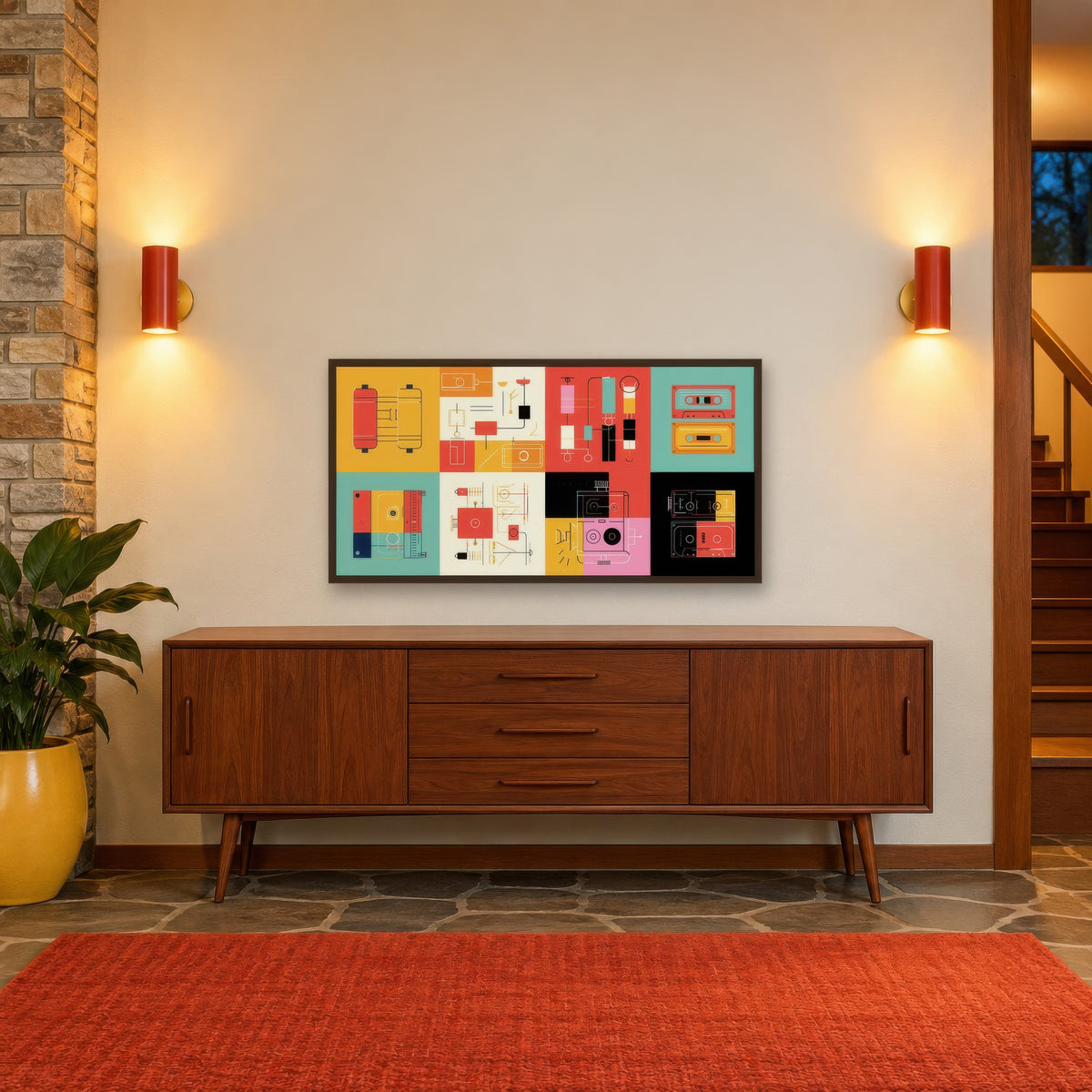 Retro Gadgets Grid Illustration mid-century modern wall art in an entryway