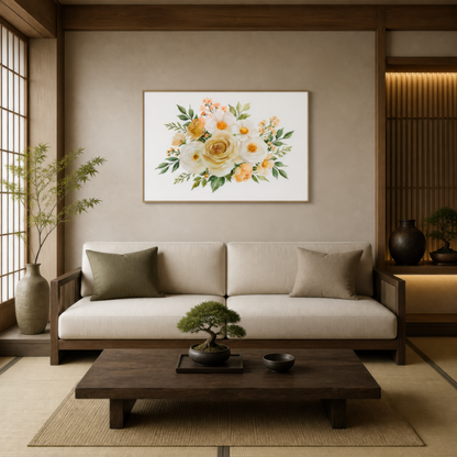 Peach Rose and Daisy Bouquet wall art print, alternate room view