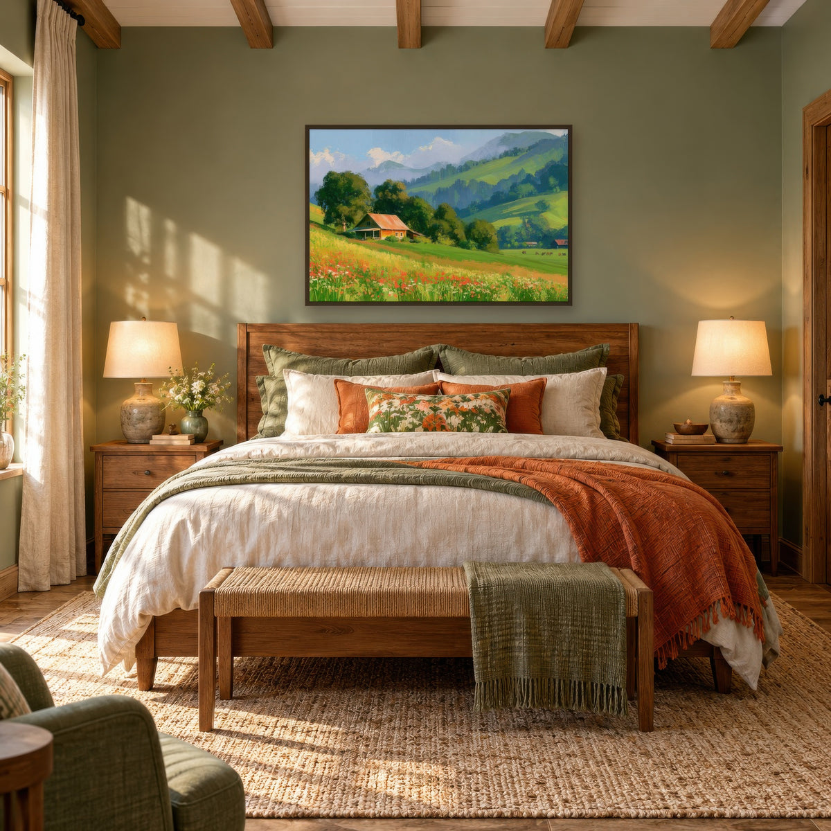 Rolling Hills and Poppies impressionist wall art in a bedroom