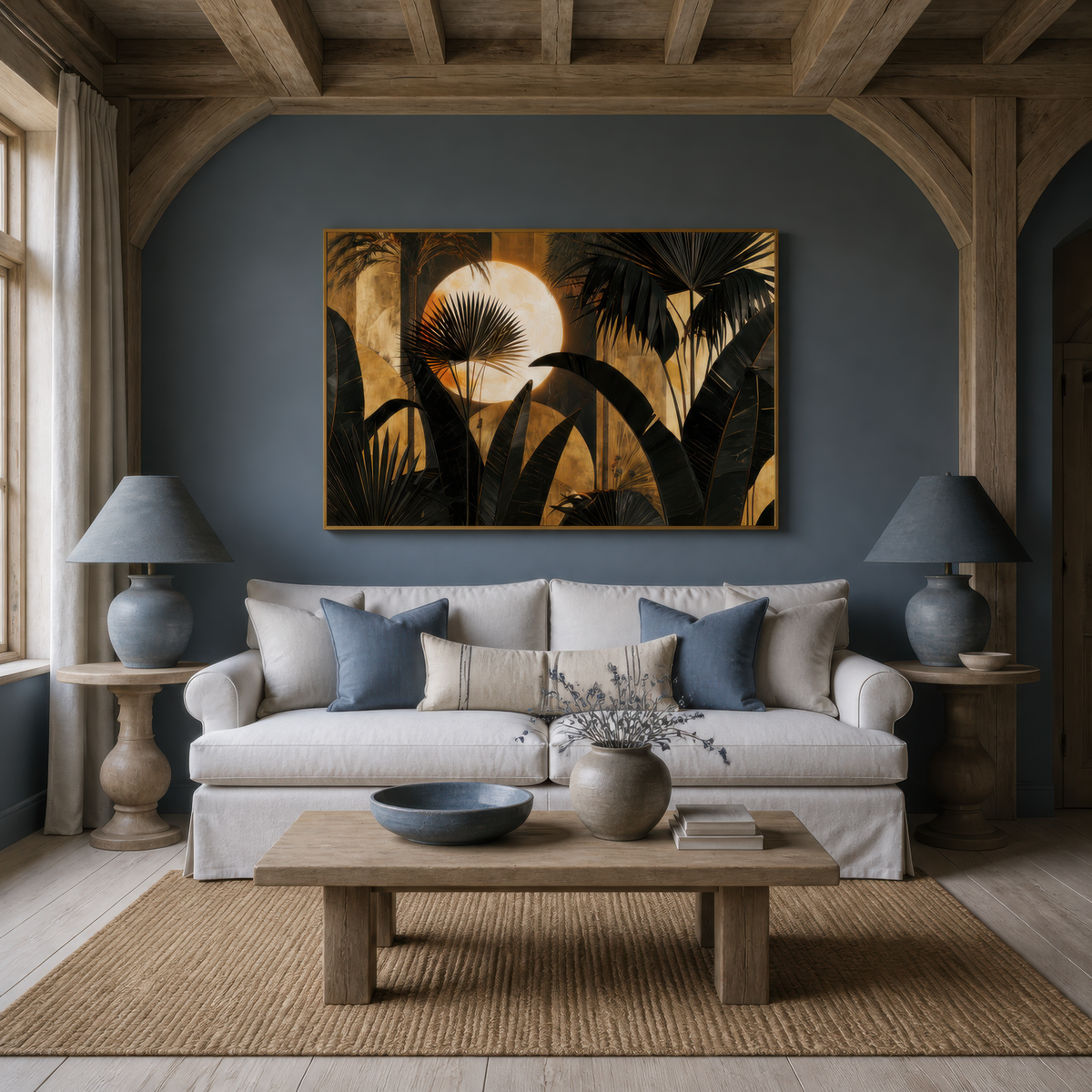 Palm silhouette moonrise above a white slipcovered sofa in a slate blue arched alcove