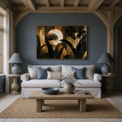 Palm silhouette moonrise above a white slipcovered sofa in a slate blue arched alcove