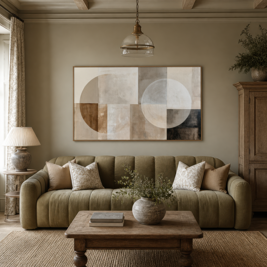 Wide neutral geometric abstract artwork above a sage channel-tufted sofa in a living room