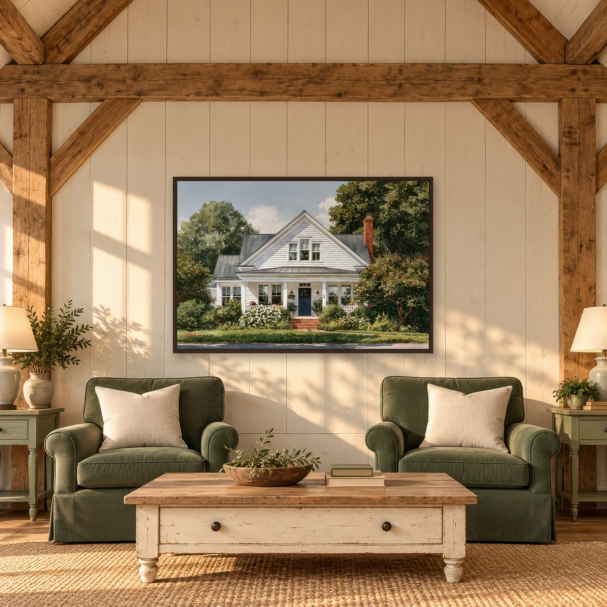 Sunny White Farmhouse wall art in a den