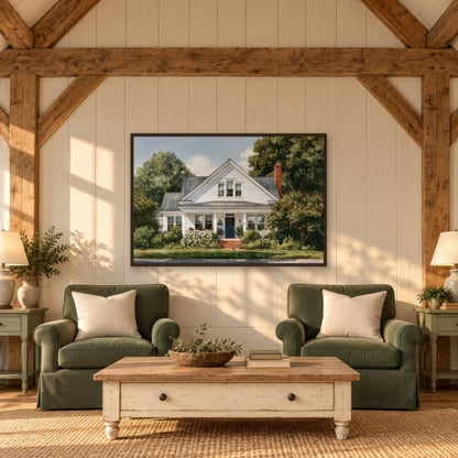 Sunny White Farmhouse wall art in a den